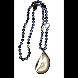 Exquisite Blue knotted bead necklace with druzy pendant and crystal accents
